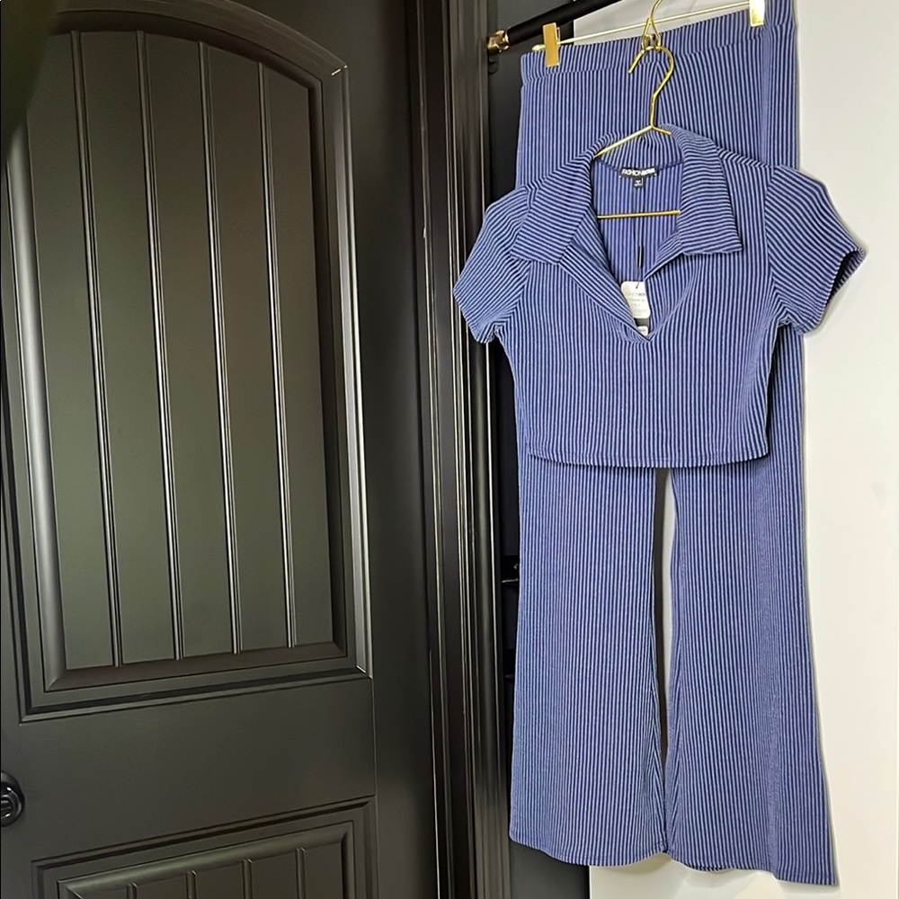 Blue Ribbed Knit Set with Flared Legs